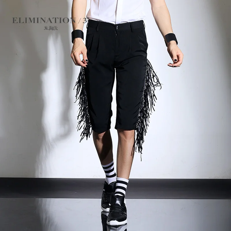 Original design men's clothing houndstooth capris skinny pants male slim capris male black tassel pants singer costumes