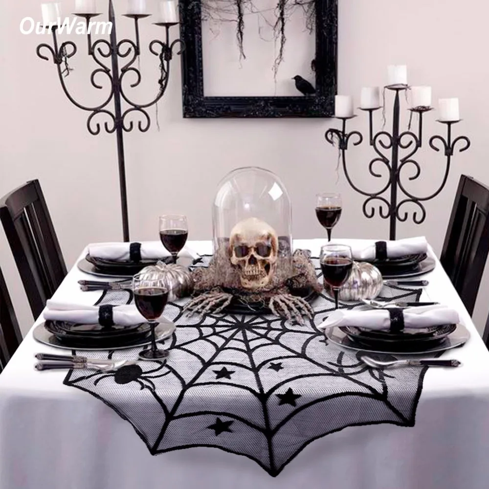 

Ourwarm Halloween Lace Spider Web Tablecloth 40 inch Round Table topper Covers Halloween Table Decoration Fireplace Scarf