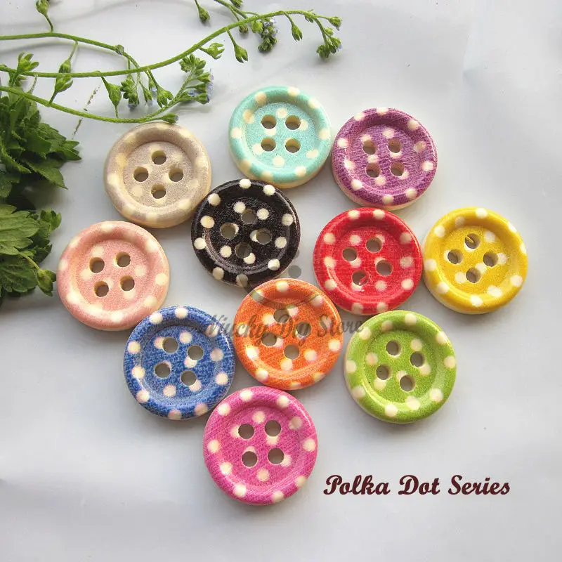 

250pcs 15mm mixed Polka dot and stripe printing 4 holes wood scrapbook buttons craft decorative diy sewing accessories wholesale