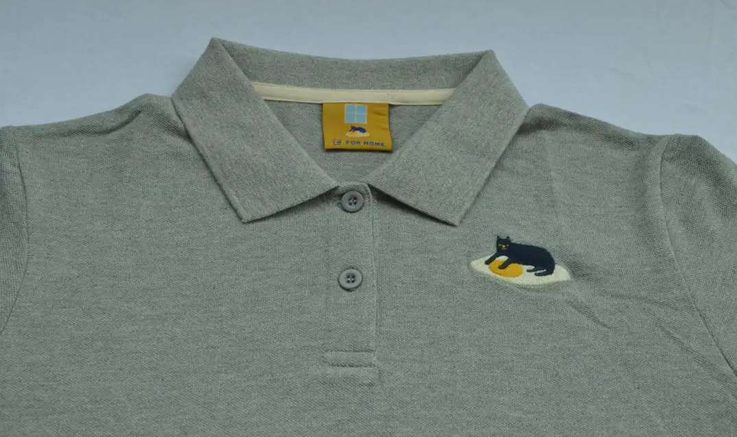 Женские рубашки поло серый короткий рукав милый кот Вышивка лето высокое качество дамы Поло оверсайз
