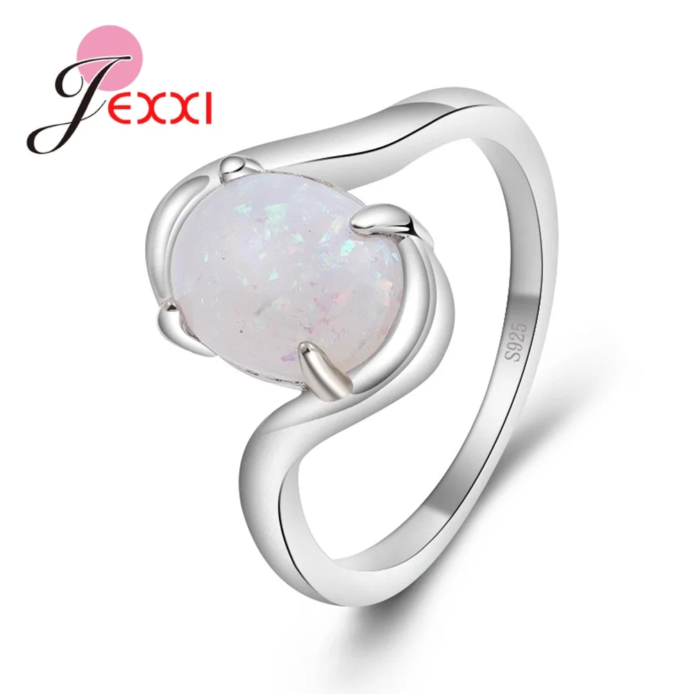 

High-End 925 Sterling Silver Rings Jewelry Prong Setting White Oval Opal Stones For Women Girls Engagement Party Bague