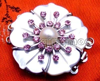 qingmos big 40mm flower shell and 8mm pearl with purple rhinestone three strands clasp gp76 free shipping