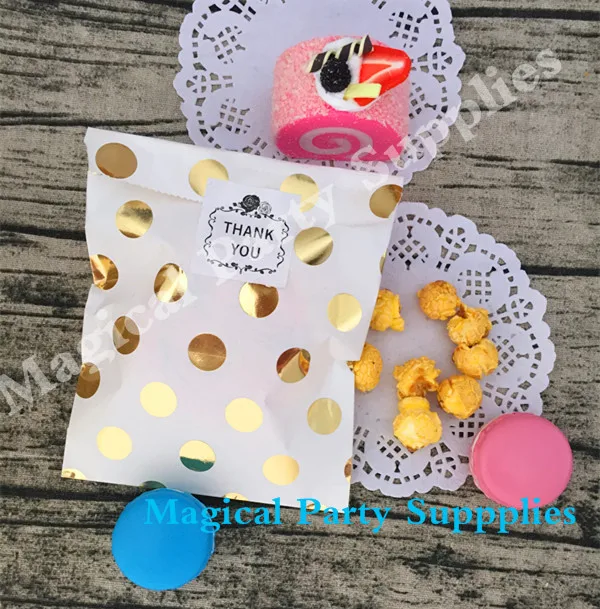 Free Shipping 100 sets Gold Foil Dot Party Loot Bags and Sticker 5'' x 7'' Favor Lovely Dots Kids Candy | Дом и сад