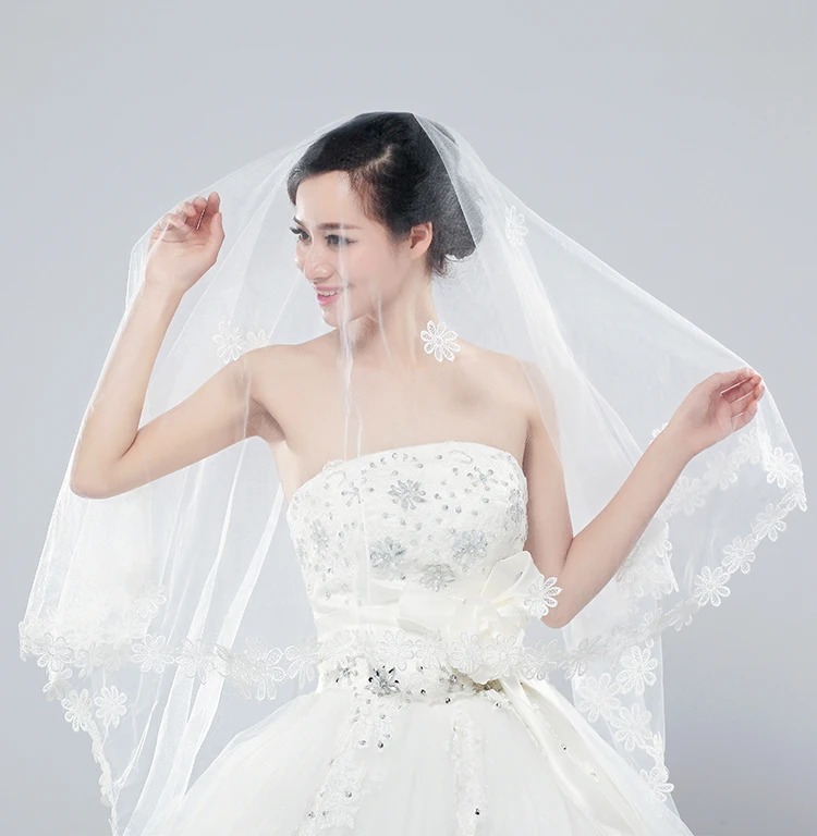 Новое поступление 1.8 м длинное Слои Цветок край Белый фаты фату свадебное платье