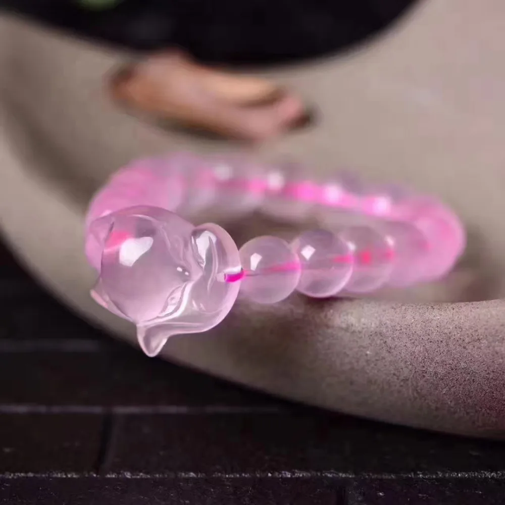 Женский браслет из розового кварца с подвеской в виде лисы 10/12/14 мм | Украшения и