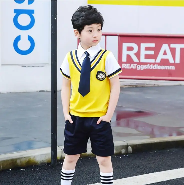 Boys Yellow Детская школьная форма в японском и корейском стиле для девочек и мальчиков, рубашки-топики без рукавов, темно-синяя юбка, шорты Летняя одежда с галстуком для школьников - Цвет: Boys Yellow