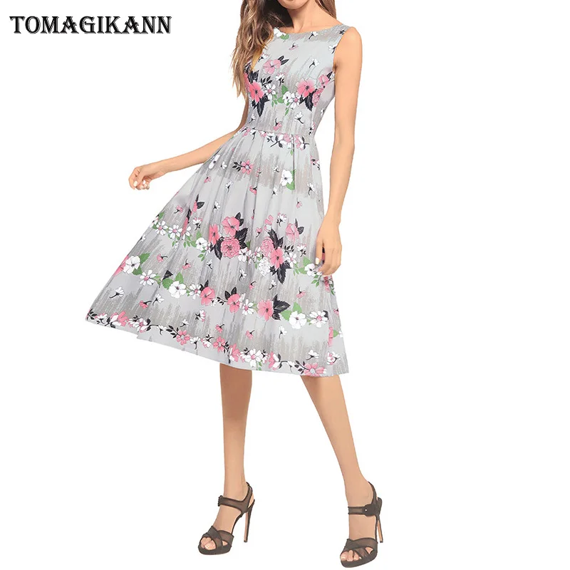 Plus Size Large Swing Women Party Dress 2018 Summer Elegant O Neck Floral Print Sleeveless Lady Dresses | Женская одежда