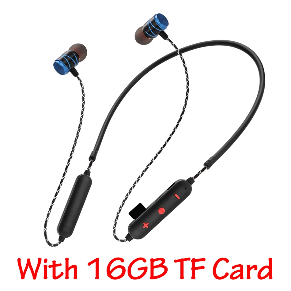 Blue Add 16GB Card HOMEBARL K308 Magnet Bluetooth Headset Wireless Headphone Music Sport Stereo Earphone Mic Support 16GB 8GB Micro SD TF Card Slot - Color: Blue Add 16GB Card