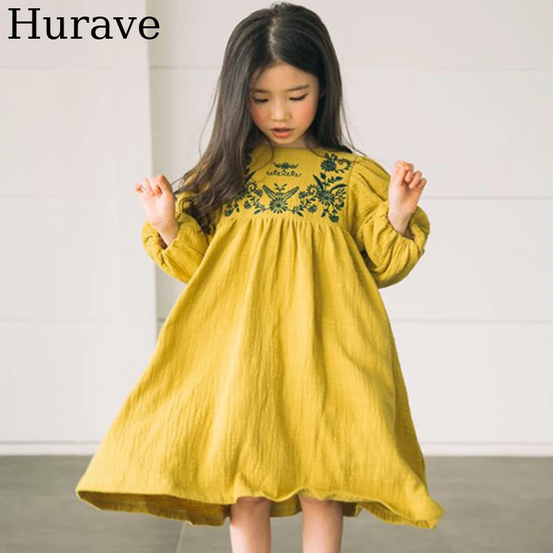 Hurave/Милая Одежда для девочек; коллекция года; модная осенняя одежда для отдыха; Новинка; детская одежда с вышивкой; платье для девочек с рукавами-фонариками