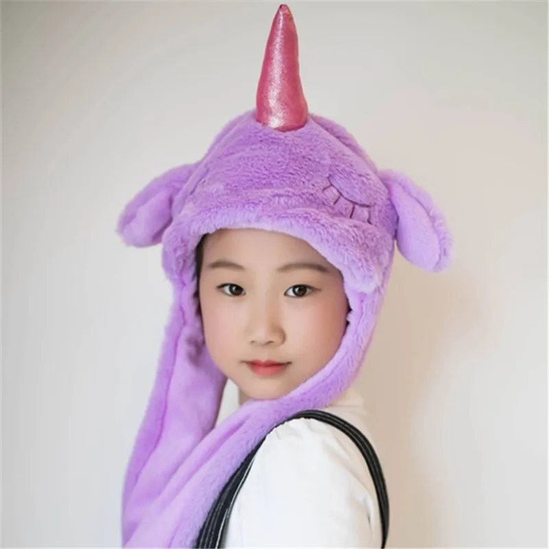 purple unicorn Кролик, единорог, свинья, панда, Пикачу, собака, леопард, белый мультфильм, животное, плюшевая шапка, детская зимняя теплая шапка - Цвет: purple unicorn