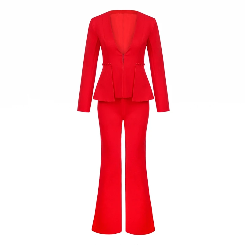 Bqueen 2019 New Women Red Two Piece Sets Office Lady V-Neck Sexy Set Long Sleeve Full Length Pants Fashion | Женская одежда