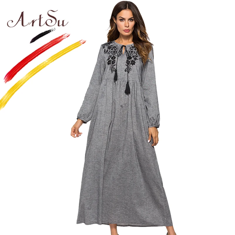Женское винтажное платье макси ArtSu серое плиссированное в стиле бохо с цветочной