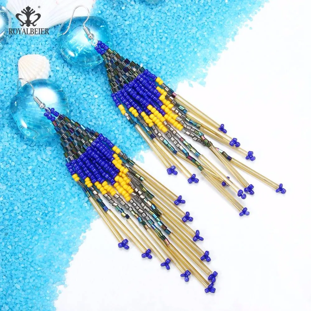 

ROYALBEIER New Lady Boho Long Tassel Beads Drop Earrings For Women Colorful Dangle Statement Earrings Jewelry Gifts Wholesale