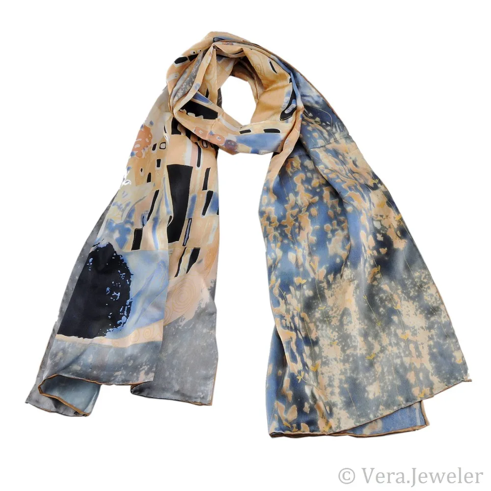 

Women's 100% Silk scarf Long Pure Silk Scarfs Oil Painting Works Printing Gustav Klimt's "The Kiss"Grey