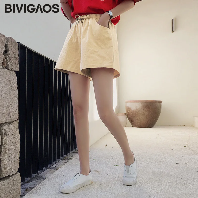 Bivigaos Лето Новинки Стиль досуга для женщин из хлопка и льна широкие шорты