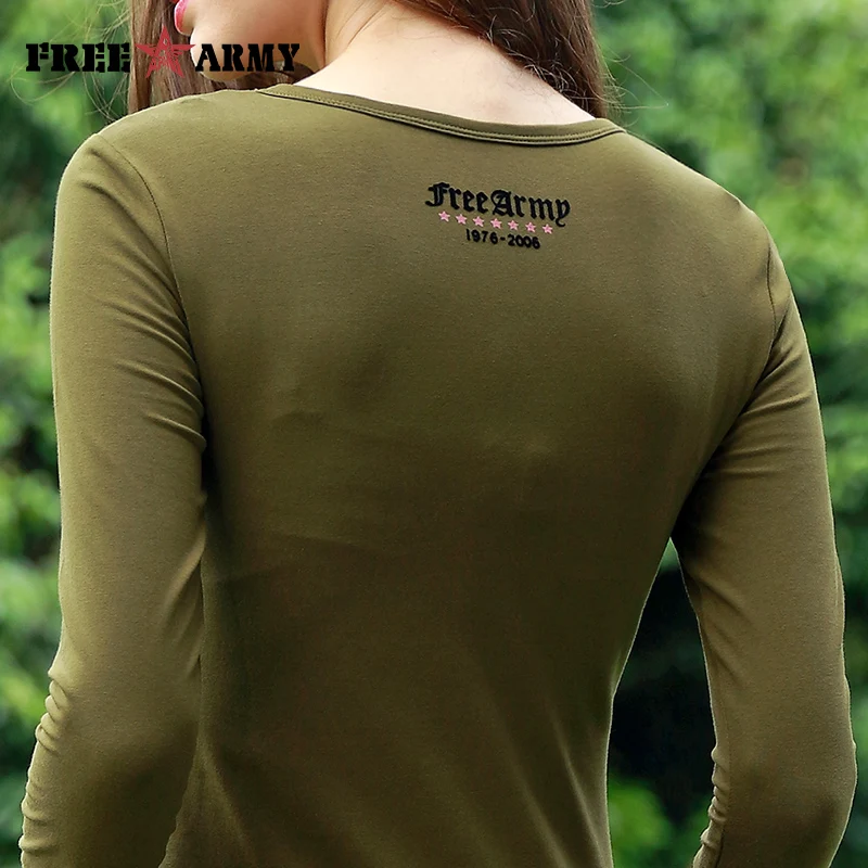 

FREE ARMY Brand Letters Printing T-shirts Women Autumn Bottom Shirt 93% Cotton+7% Spandex Military Green Female Tops Tees O-neck