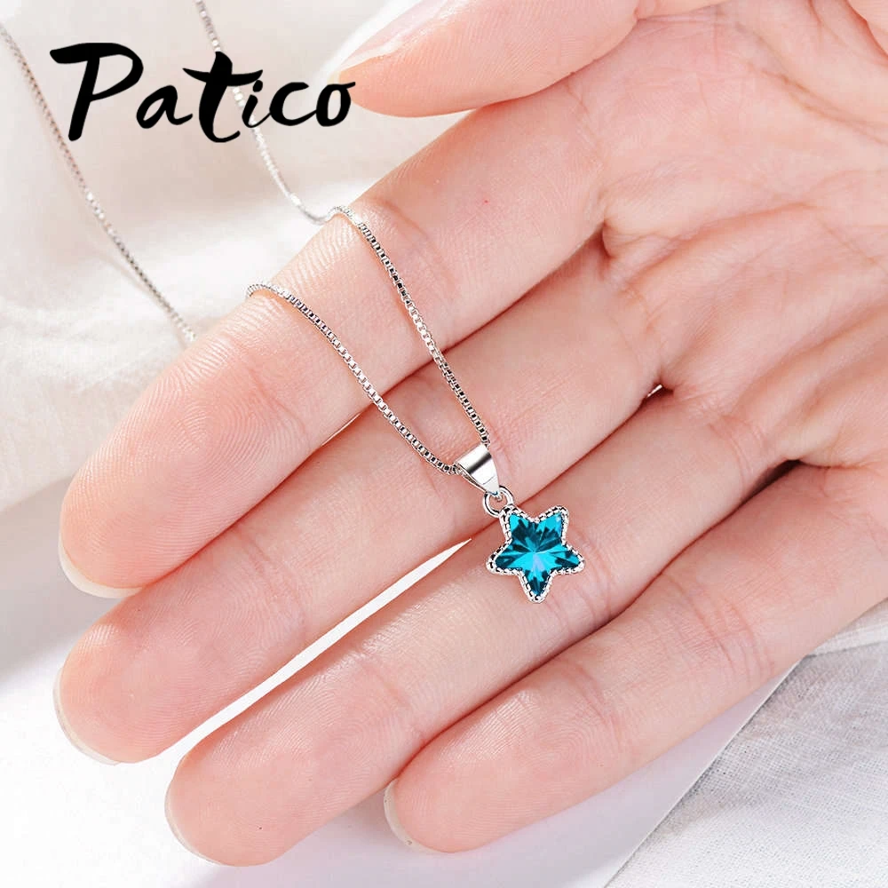 Fashion 925 Sterling Silver Necklace For Women Jewelry Charm Blue Star Crystal Pendants Accessories Party Girl Lady | Украшения и