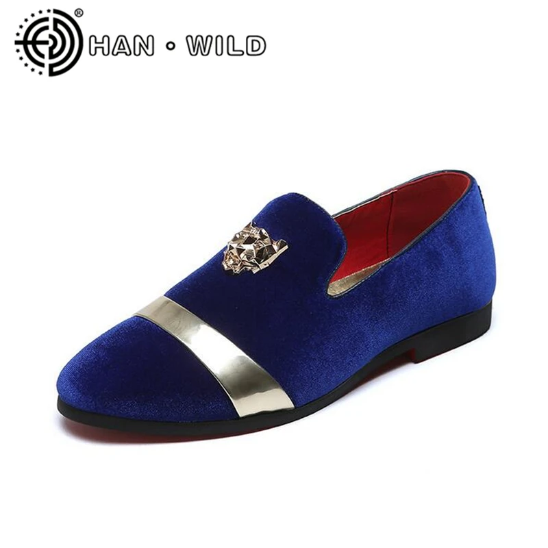 Лоферы мужские ручной работы бархатные туфли с тигровой золотой пряжкой