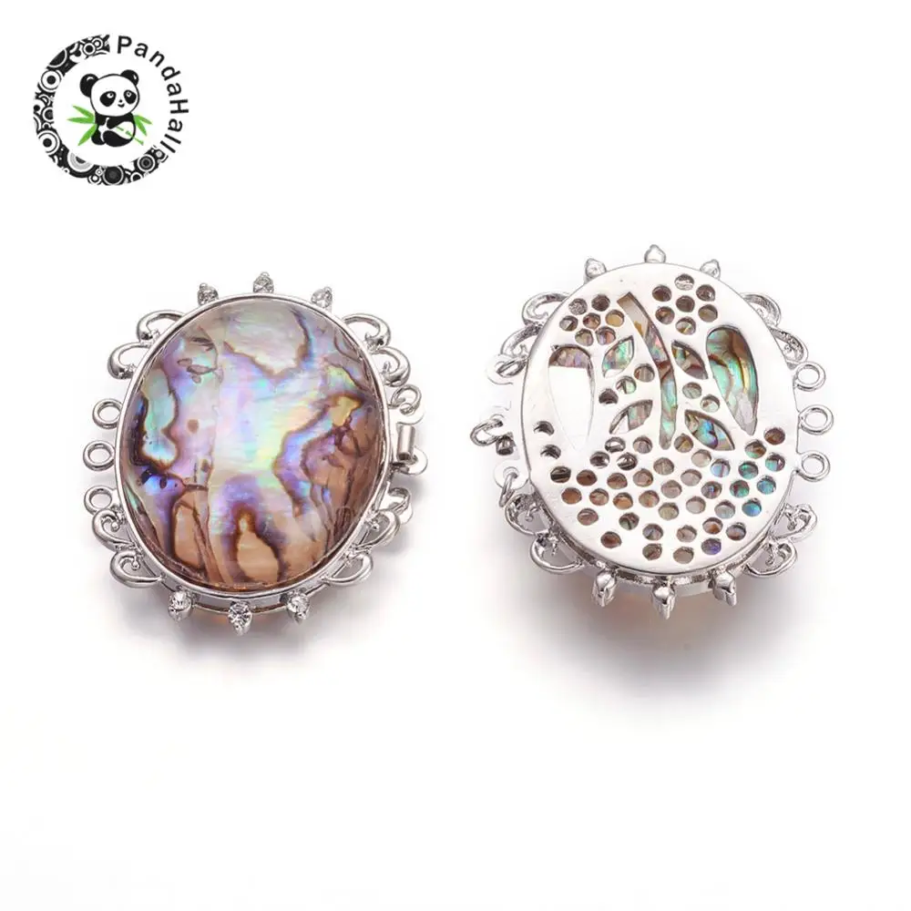 Abalone/paua застежка для раковины, многожильные застежки, с металлическими латунными наконечниками и rhonestone, Овальные, 48x39. 5x11~ 12 мм, отверстие