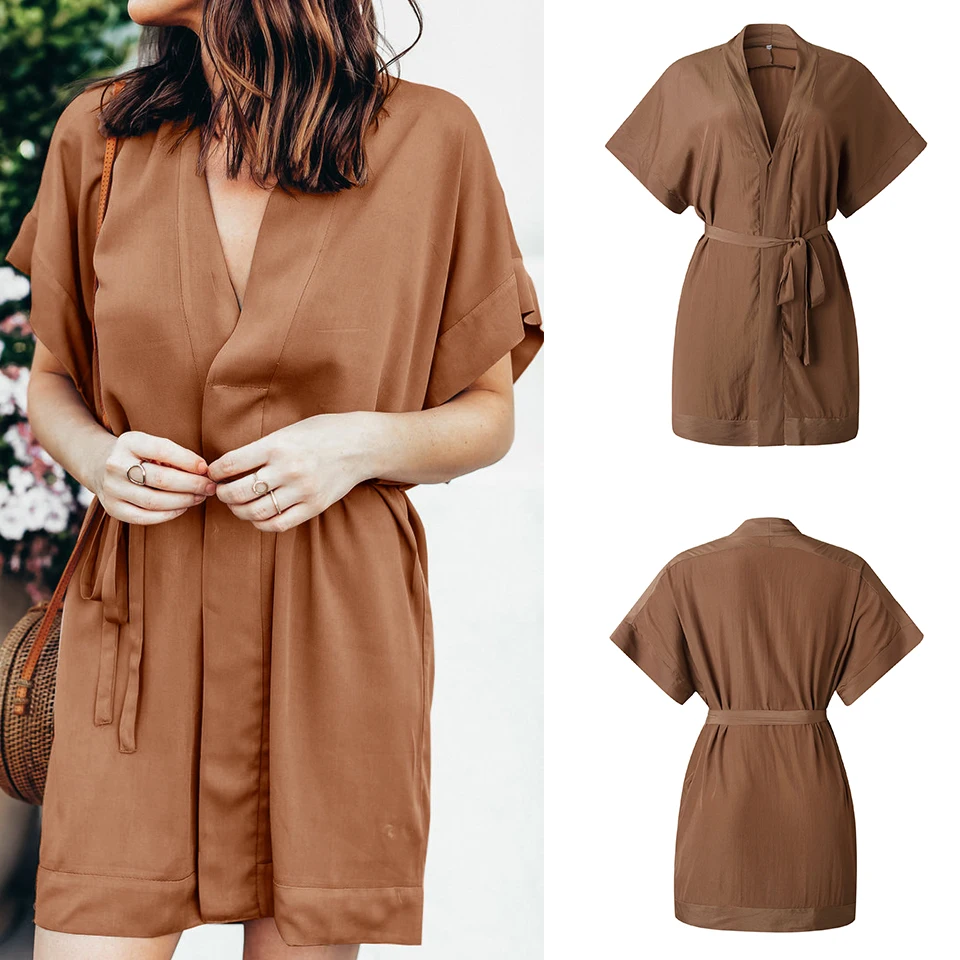 Повседневный V образный вырез Высокая Талия Платья Кимоно Свободный Одноцветный