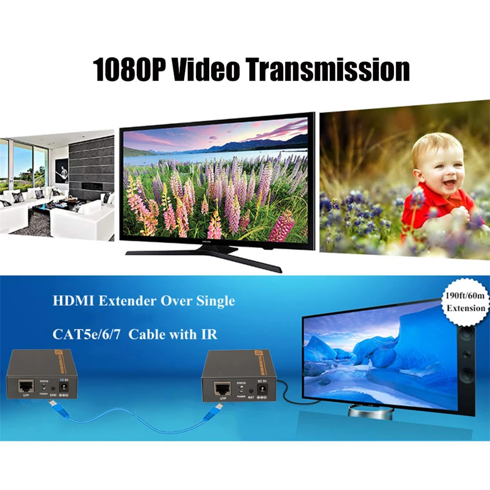 HDMI удлинитель с IR& Loop Out 1080P HDMI удлинитель 60 м без потери RJ45 к HDMI удлинитель передатчик приемник по Cat5e/Cat6