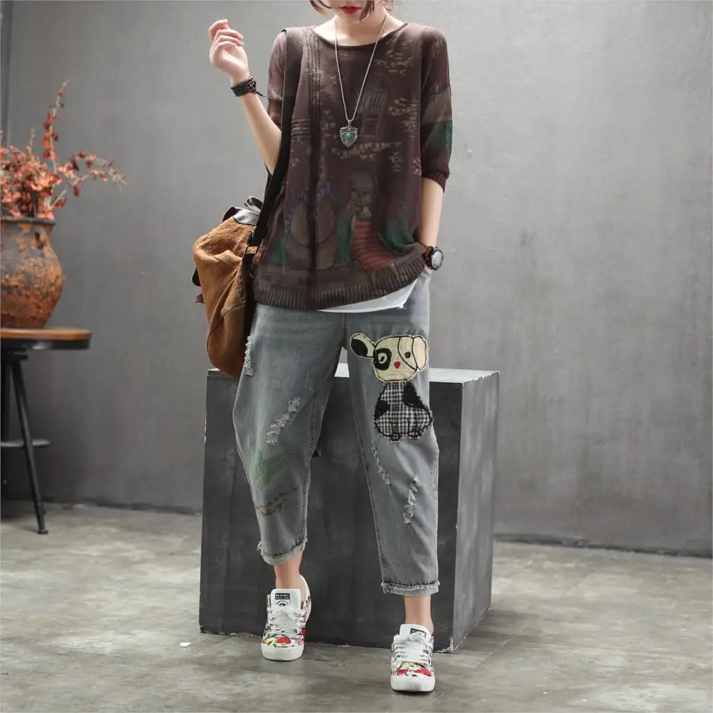 Весенне-осенняя футболка в стиле ретро женские свободные вязаные пуловеры новые