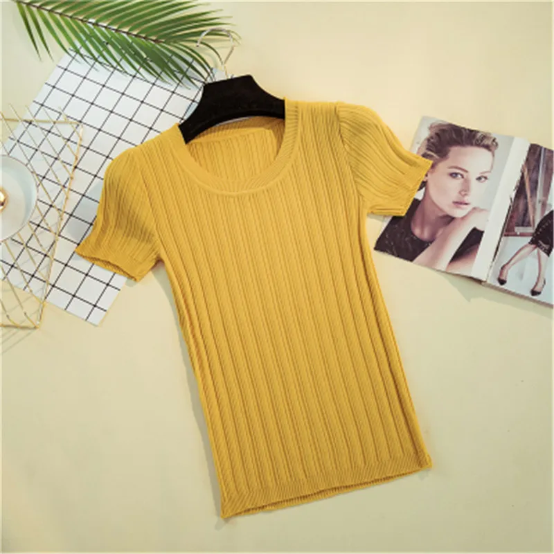 Модная Корейская летняя Однотонная футболка Новое поступление 2018 с коротким
