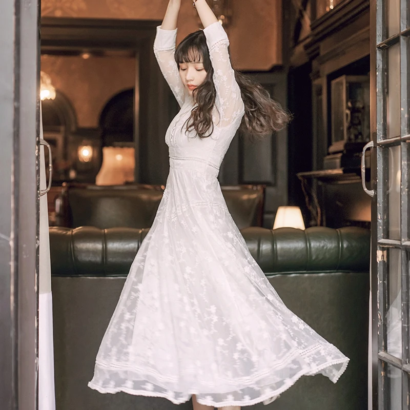 Женское кружевное платье YOSIMI длинное белое платье-туника до середины икры с