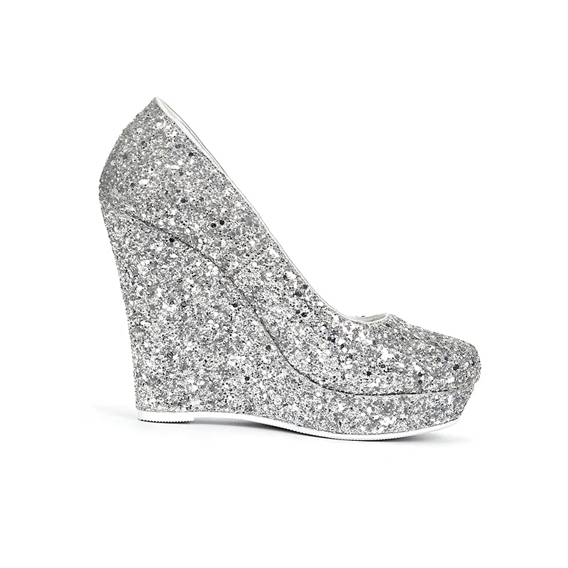 Женские туфли на танкетке серебристые Туфли с круглым носком и блестками размеры