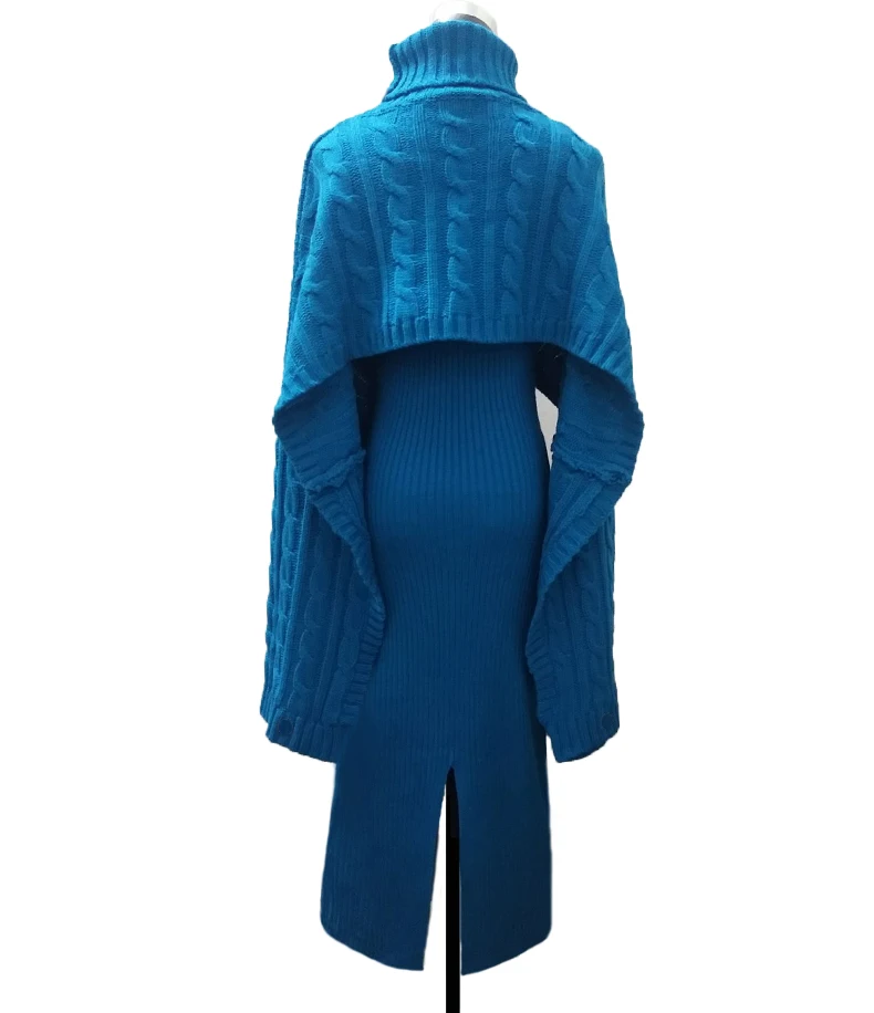 HAMALIEL подиумное зимнее женское платье из 2 частей синий плащ вязаный Turtlenek Свободный укороченный+ жилет длинный Сплит Bodycon юбка-карандаш костюмы