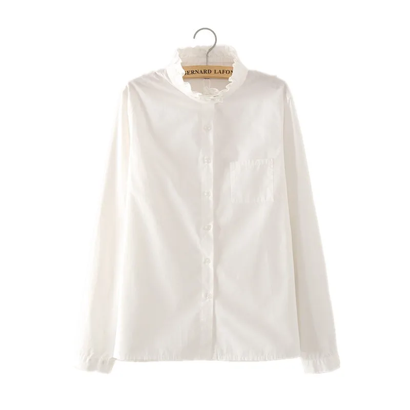 Женская хлопковая блузка с воротником-стойкой белая однотонная Свободная