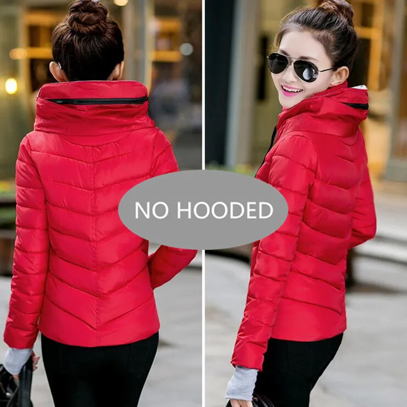 Red--No Hooded Повседневная Женская однотонная стеганая куртка короткая осенне-зимняя стеганая куртка женские пальто с капюшоном женские парки с перчатками пальто - Цвет: Red--No Hooded