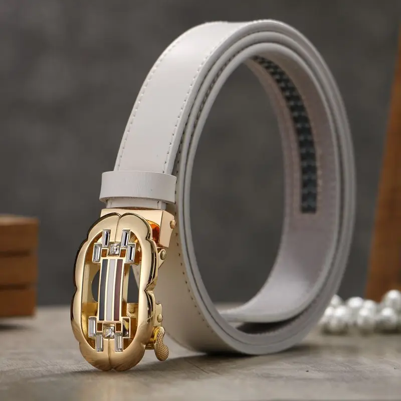 Модные ceinture marque sash с ремни со стразами для женщин кожа роскошные поясной ремень Автоматическая пряжка пояса из натуральной кожи - Цвет: White