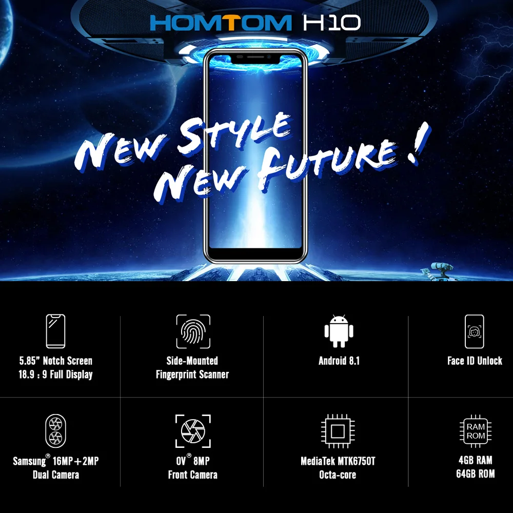 HOMTOM H10 Notch Screen 4GB 64GB мобильный телефон Android 8,1 Face ID 4G 5,8" Octa Core 3500 мАч 16MP сбоку отпечатков пальцев cмартфон