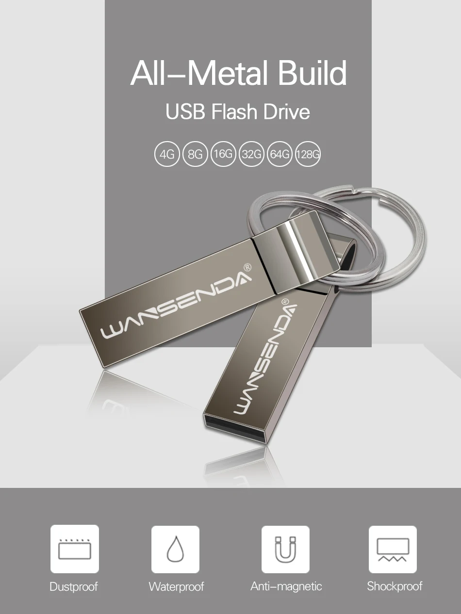 Wansenda, Металлический Стальной USB флеш-накопитель, 4 ГБ, 8 ГБ, 16 ГБ, 32 ГБ, 64 ГБ, 128 ГБ, портативный флеш-накопитель с цепочкой для ключей, высококачественный флеш-накопитель