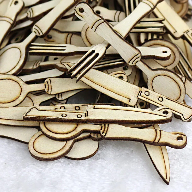 50 шт. ломтик натурального дерева смешанный нож/вилка/ложка с верхним отверстием