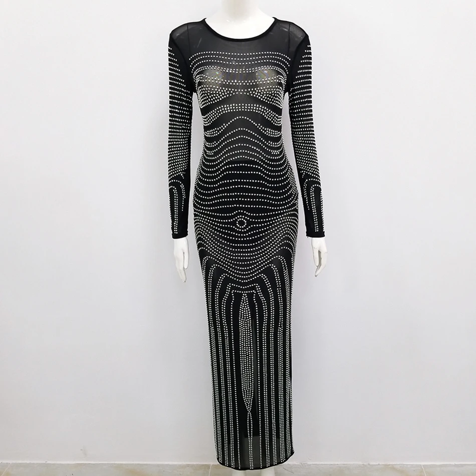 2020 Summer New Women's Black Beaded Sexy Mesh Long Section Fashion Long-sleeved O-neck Club Party Dress | Женская одежда