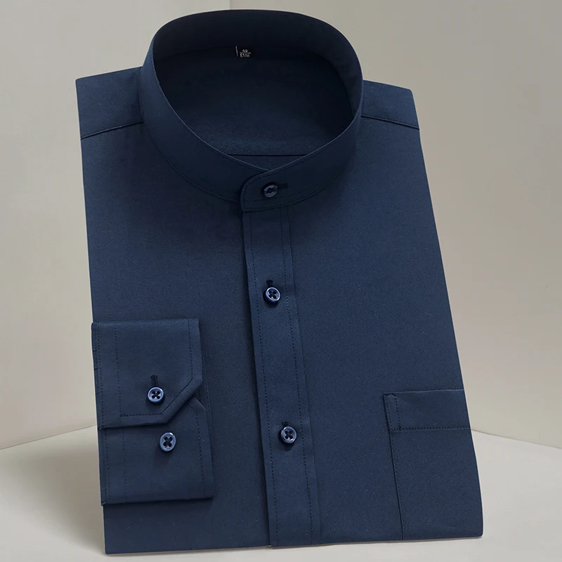 Mandarin Bussiness Formal Shirts for Men Chinease Stand Collar Solid Plain White Dress Shirt Regular Fit Long Sleeve Male Tops