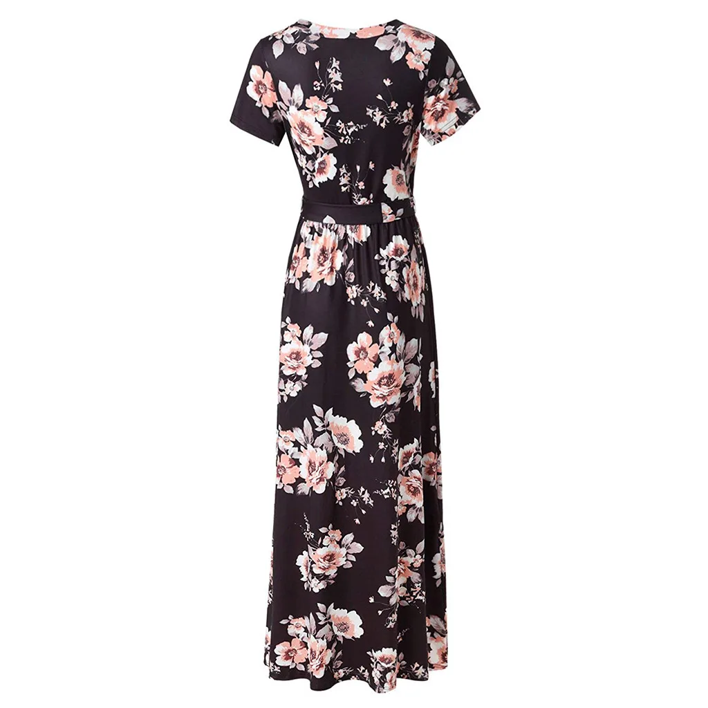Женское длинное платье с цветочным принтом коротким рукавом и V-образным вырезом