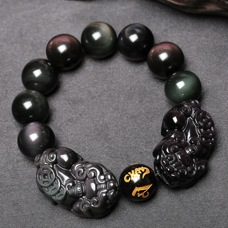 Натуральный Радужный обсидиановый глаз браслет PiXiu 6 слов буддийский молитвенный
