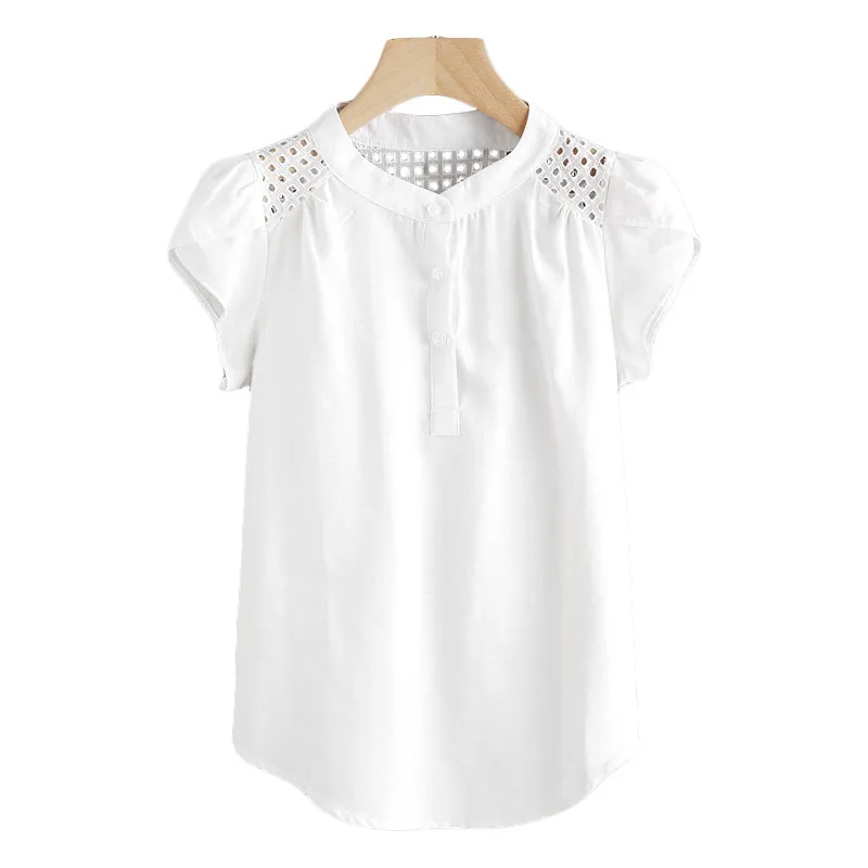 Women Tops Shoulder Hollow Blouse Button Holiday Round Neck Female Shirt White Elegant Office Work Shirts |