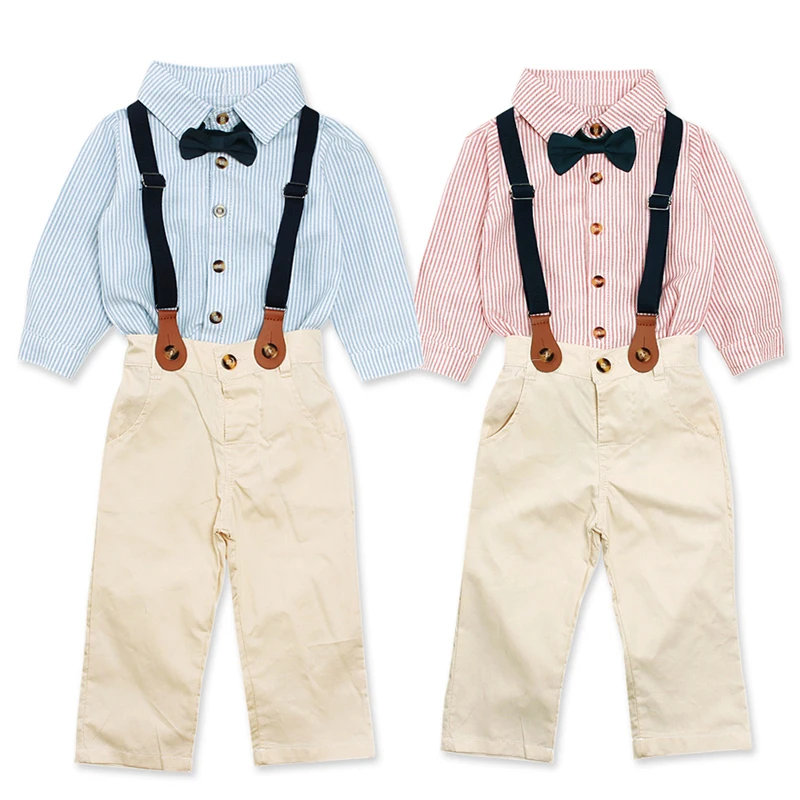 2019 модная детская полосатая одежда рубашка + штаны с подтяжками Детская футболка