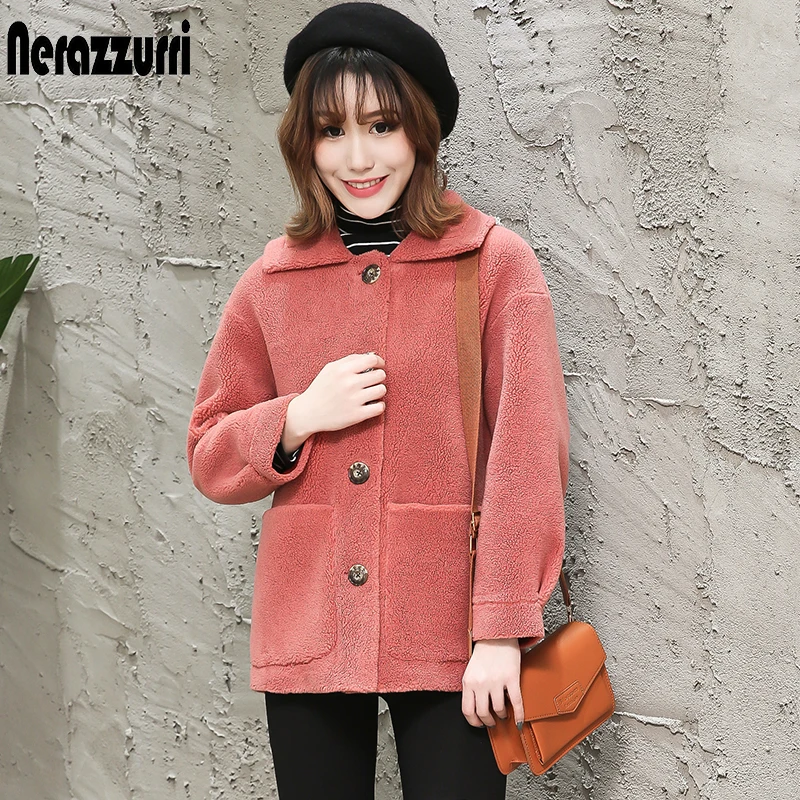 Watermelon red Nerazzurri, женские пальто из овчины, зимние, теплые, размера плюс, плюш, искусственный мех, пальто, обычные, бежевые, овечья шерсть, плюшевый мишка, куртка для женщин, 5xl - Цвет: Watermelon red