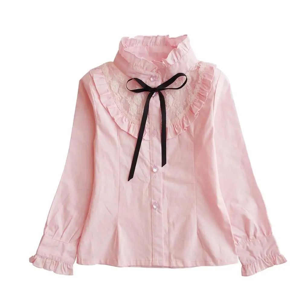 pink Коллекция года, весенне-осенняя блузка для маленьких девочек одежда розового и белого цвета Детская Хлопковая кружевная школьная рубашка с длинными рукавами для девочек топы для детей, DQ450 - Цвет: pink