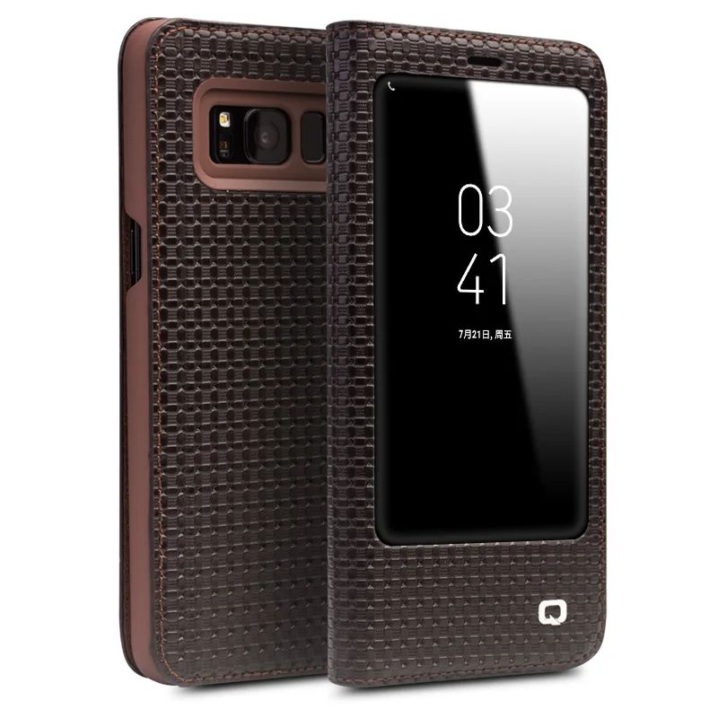 grid brown QIALINO, модный флип-чехол для samsung Galaxy S8& S8 Plus, роскошный чехол ручной работы из натуральной кожи для samsung S8 5,6/6,1 дюймов - Цвет: grid brown