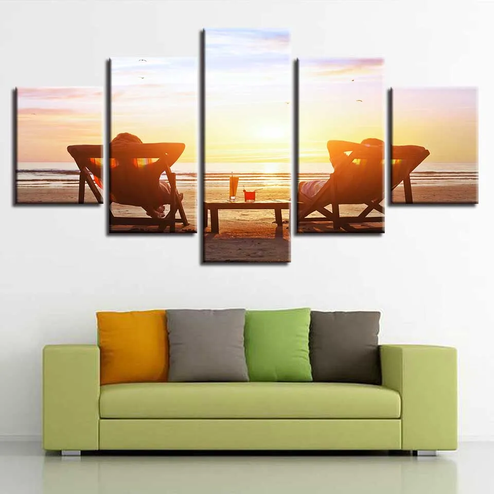 Decor Living Room Wall Art Modern Pictures Print 5 Pieces Beach Chair And Drinks Sunset Seascape Poster Modular Canvas Paintings | Дом и сад