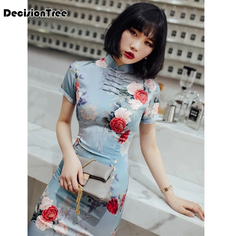 Шелк атлас cheongsam китайское традиционное платье vestido без рукавов женское платье с высоким воротом вечерние платья qipao