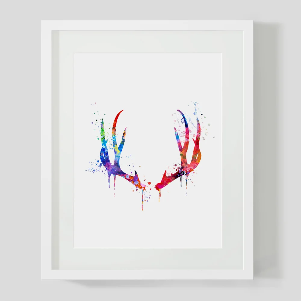 Скандинавские рога Акварельная Художественная печать олень питомник Искусство