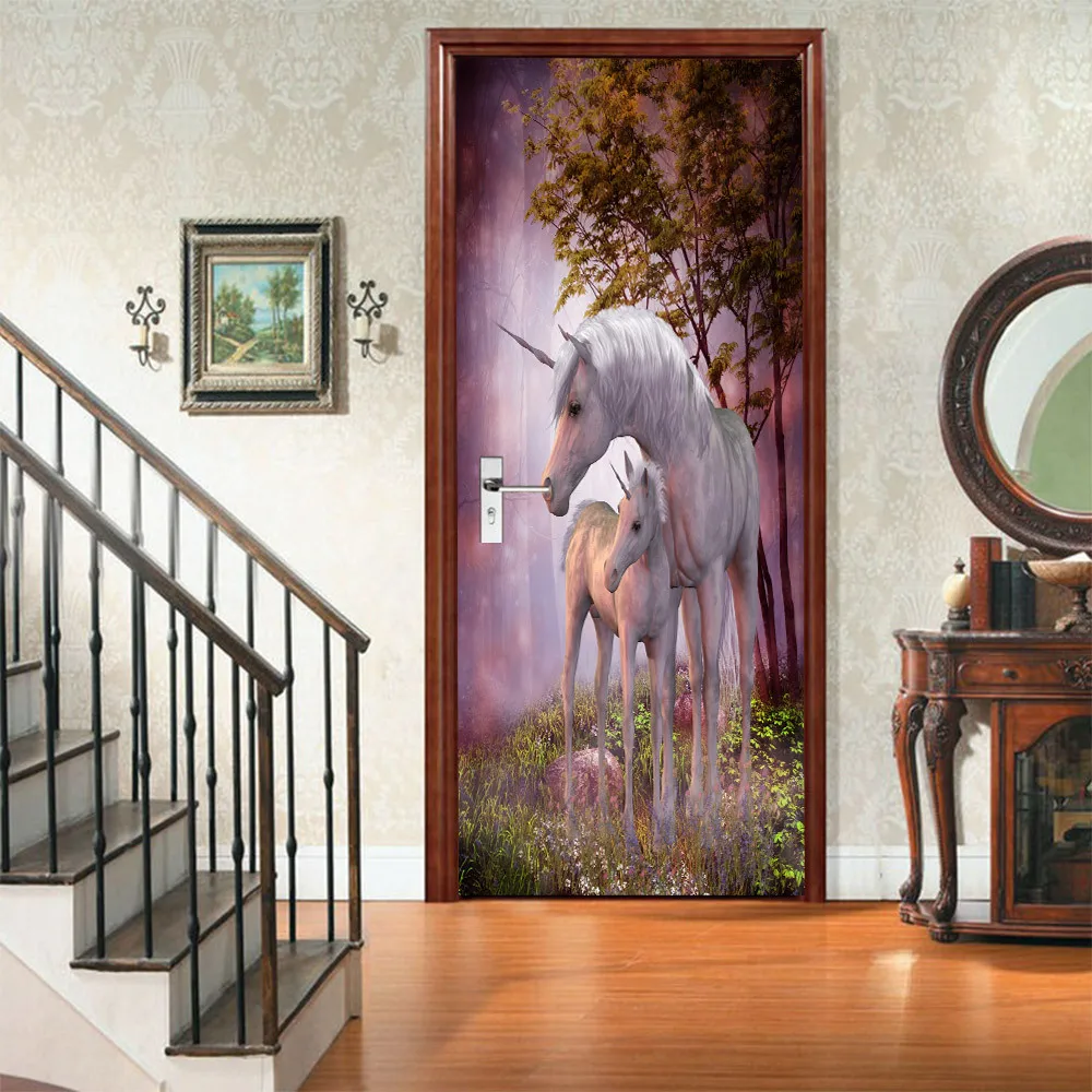 

77*200 см DIY 3D единорог пейзаж двери наклейка s домашний декор самоклеящаяся Спальня Гостиная Наклейка на стену