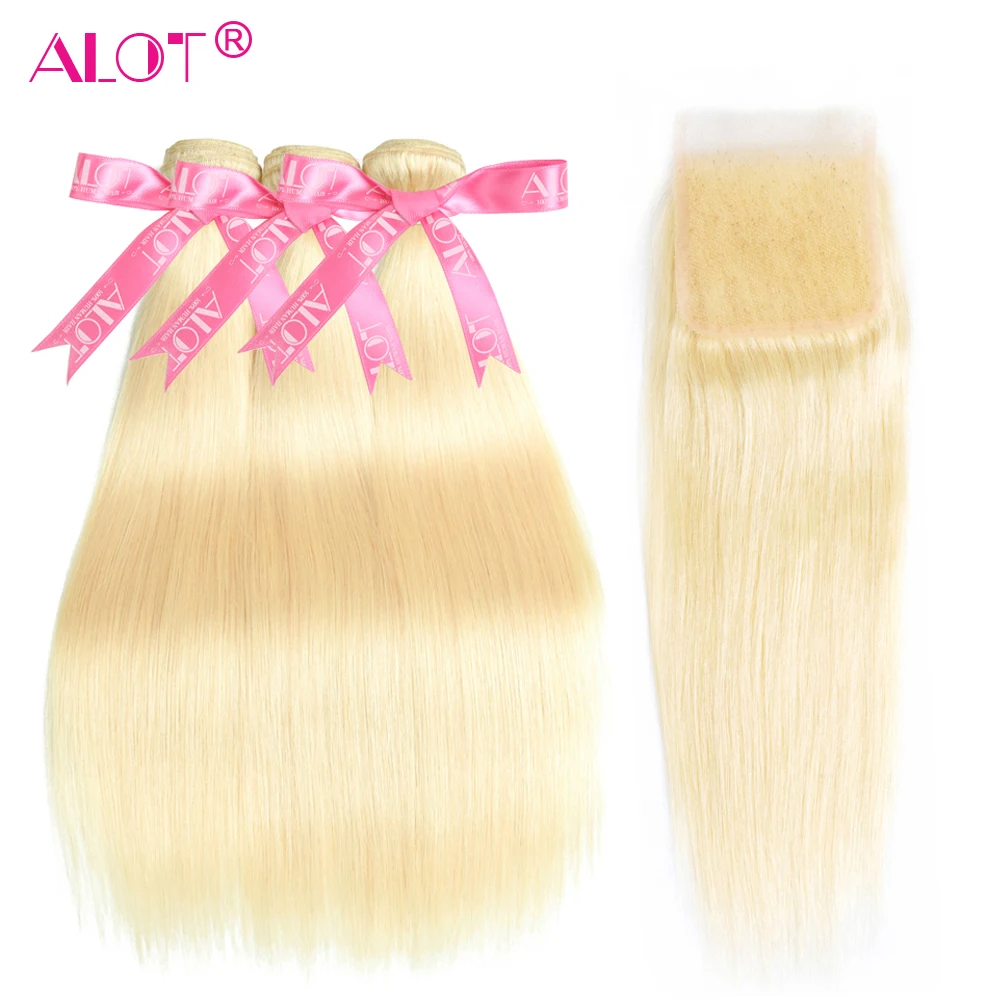 613 Blonde 3 Bundles With Closure Brazilian Straight Double Weft 613 Human Hair Weave Bundles With HD Lace Closure Remy 4 Pcs